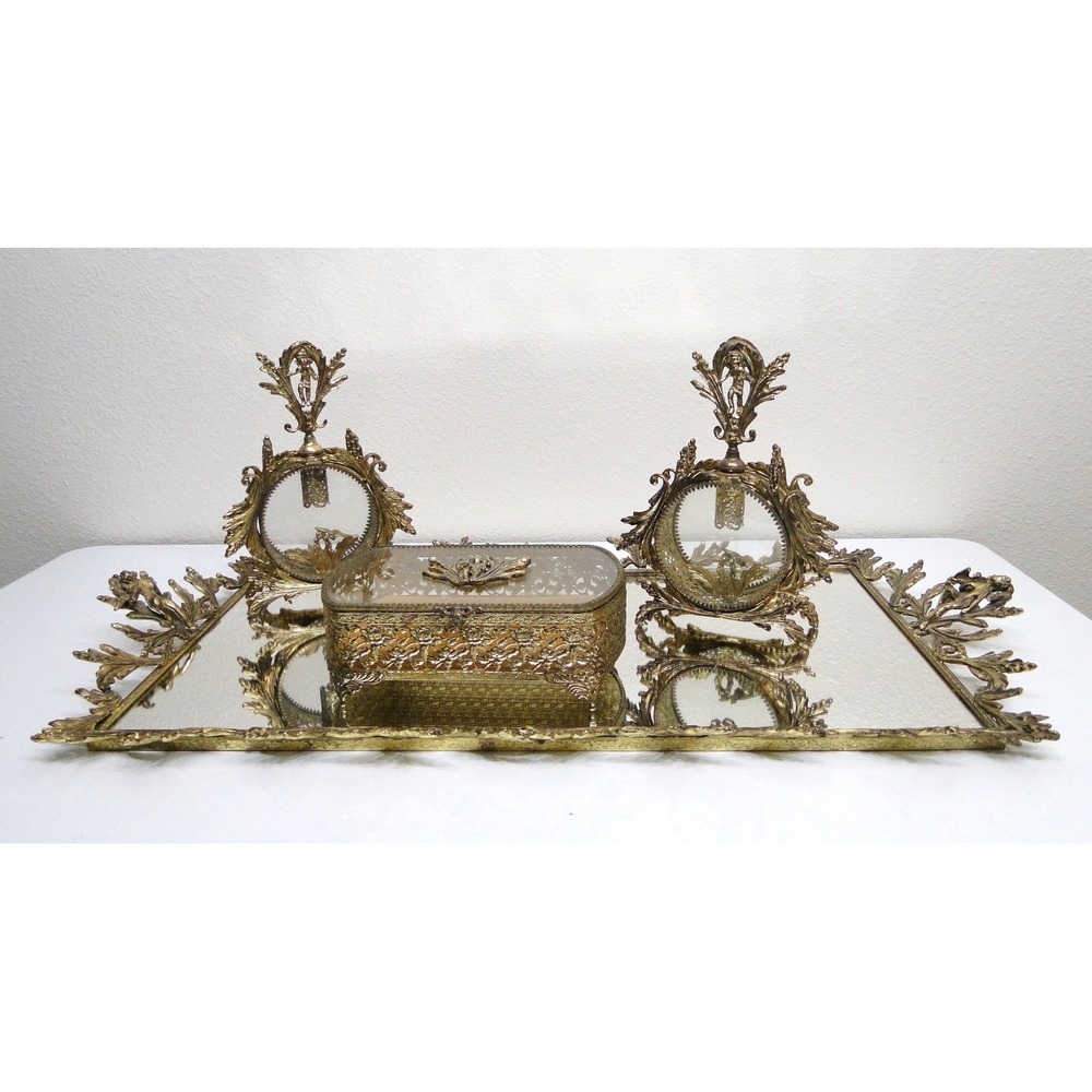 Vintage Matson Ormolu Gold Cherub Filigree 4pc Vanity Set Mirror Tray Box Bottle